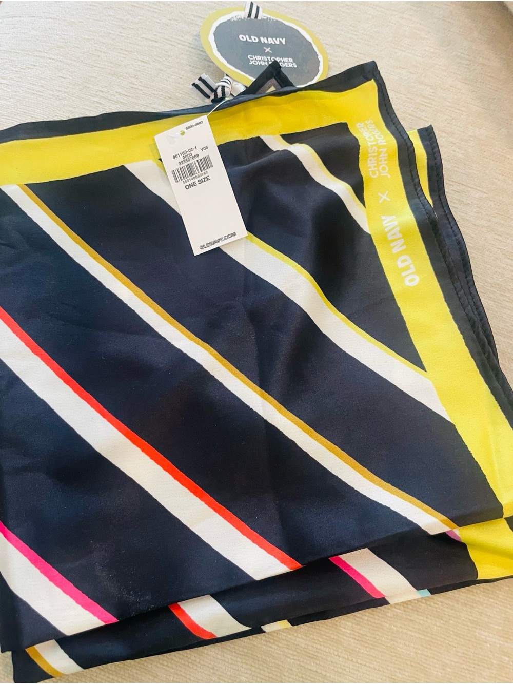 Christopher John Rogers Striped Silk Scarf in Navy, Yellow, White, Pink, Red